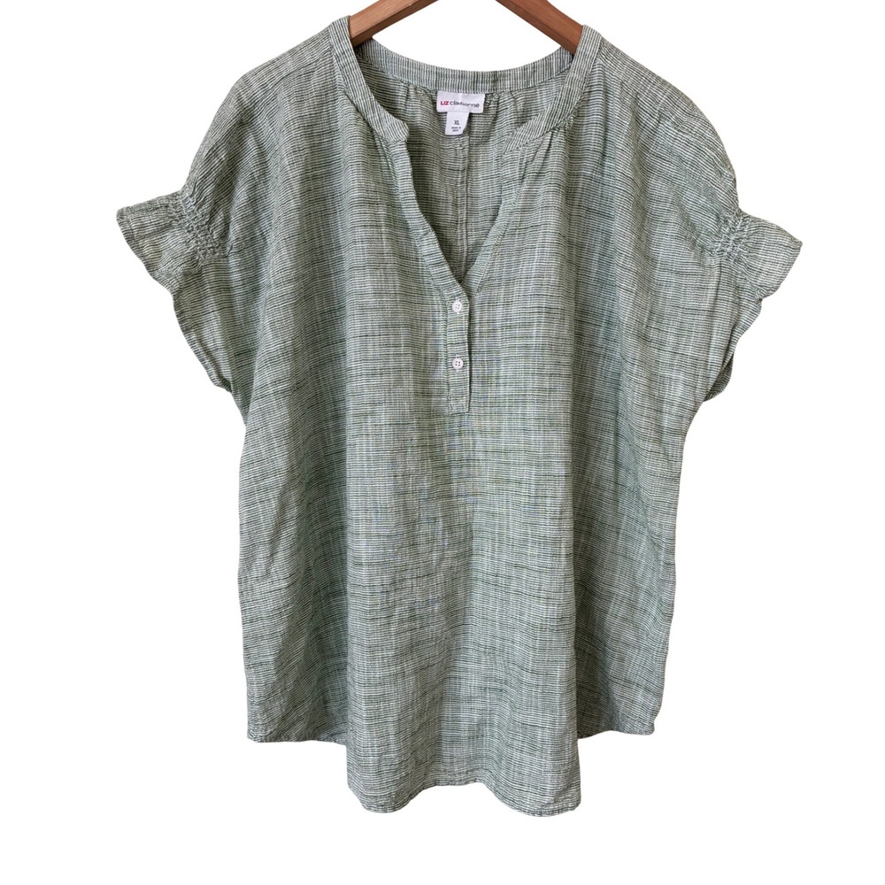 Liz Claiborne Womens XL Green White Striped Cotton Henley Blouse Short Sleeve
